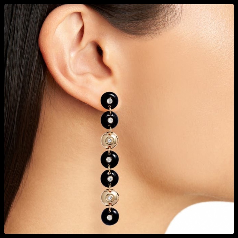 Open Edit Disc Linear Drop Earrings Black Gold and Clear